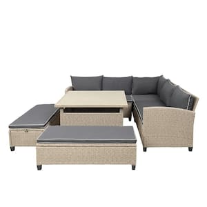 6-Piece Brown Wicker Outdoor Patio Sectional Sofa Set with Gray Cushions and Square Table and Bench