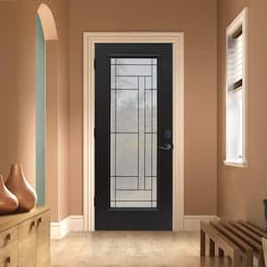 36 in. x 80 in. Right-Hand Full Lite Atherton Decorative Glass Black Painted Fiberglass Prehung Front Door w/Brickmould