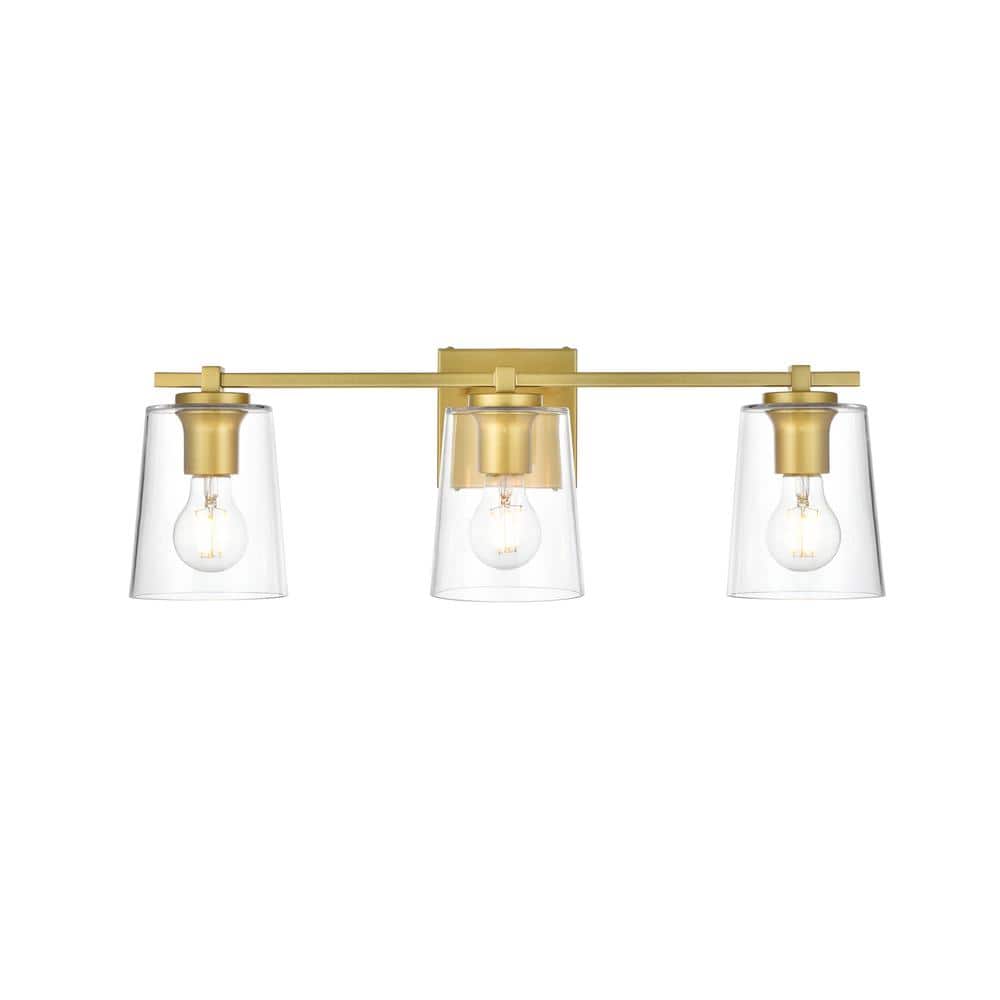 Simply Living 23 in. 3-Light Modern Brass Vanity Light with Clear Bell Shad