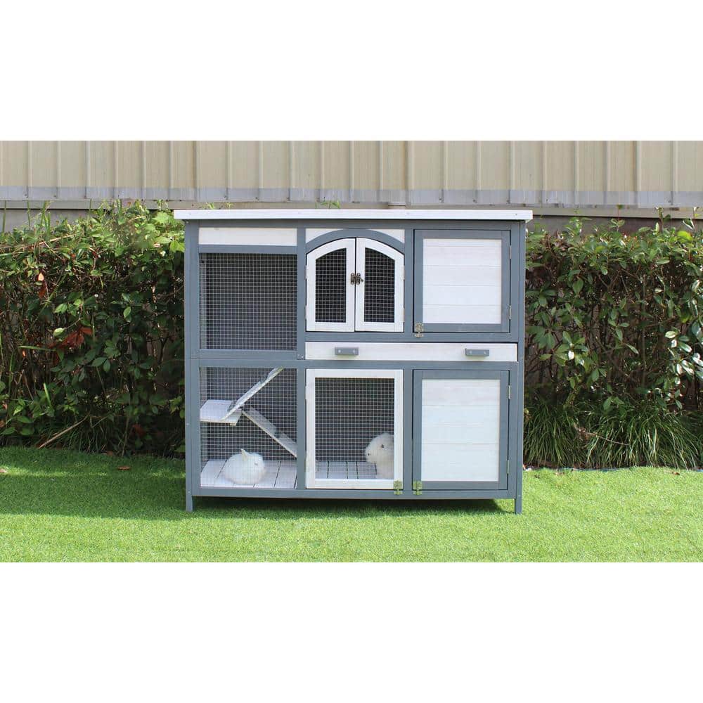 Gray and White Wooden 2-Story Rabbit Hutch with Ramps