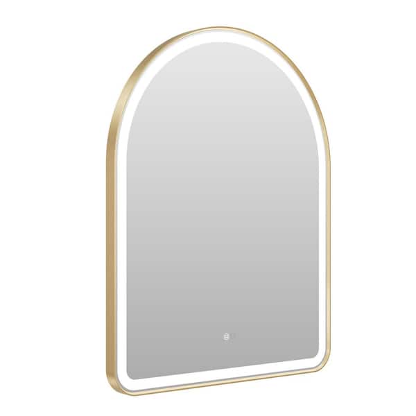 28 in. W x 36 in. H Arched Framed Anti-Fog Wall LED Bathroom Vanity Mirror in Brushed Gold