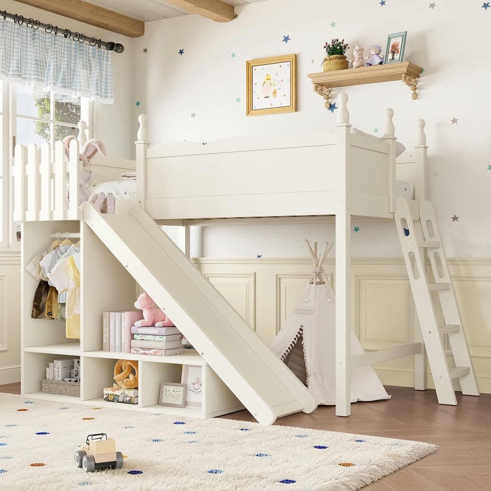 Beige Twin Loft Bed with Storage Shelves and Wardrobe,Detachable Slide and Ladders price history on PriceWatchPro