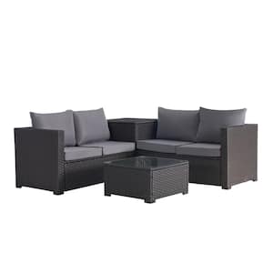 4-Piece Patio Wicker Sectional Sofa Set with Storage Box and Glass Coffee Table