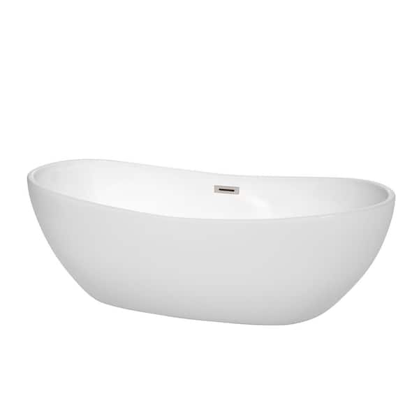 Wyndham Collection Rebecca 69.6 in. Acrylic Flatbottom Non-Whirlpool Bathtub in White with Brushed Nickel Trim
