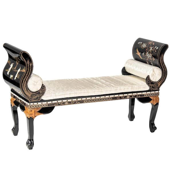 Oriental Furniture 56 in W x 33 in H Black Lacquer Bench with Cushions