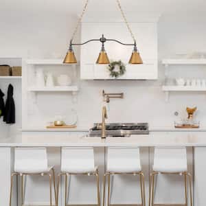 Brushed Vintage Gold Island Chandelier for Kitchen Dining Room, Linear 3-Light Billiard Light with Bell Shades Gray Arm