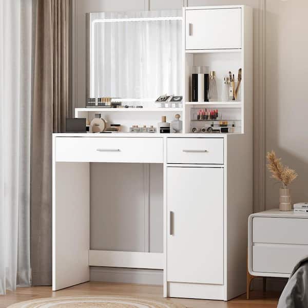 White Wood Modern Makeup Vanity Desk Dressing Table Vanity Table with Mirror, LED Light, Drawer and Storage Shelves