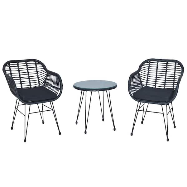Uixe 3-Piece Patio Wicker Outdoor Bistro Black Rattan Chair and Glass Table Set with Black Cushions