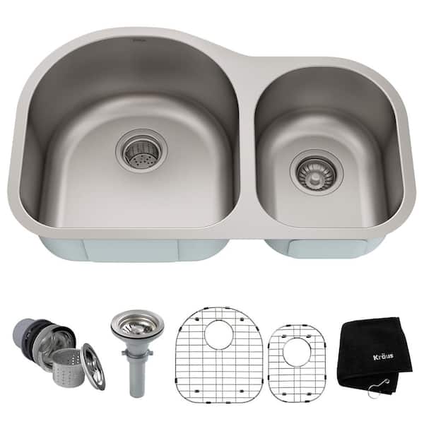 KRAUS Premier Undermount Stainless Steel 31 in. 60/40 Double Bowl Kitchen Sink