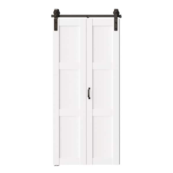 42 in. x 84 in. White, 3 Panel, Finished, Paneled MDF, Bi-Fold Style Sliding Barn Door with Hardware Kit