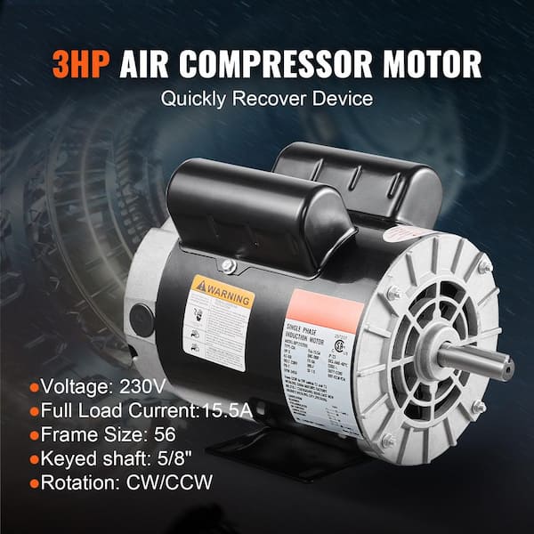 3HP Air Compressor Motor 3450 RPM Single Phase Electric Motor 5/8 in. Keyed shaft 230V FLA 15A 56 Frame CW/CCW Rotation