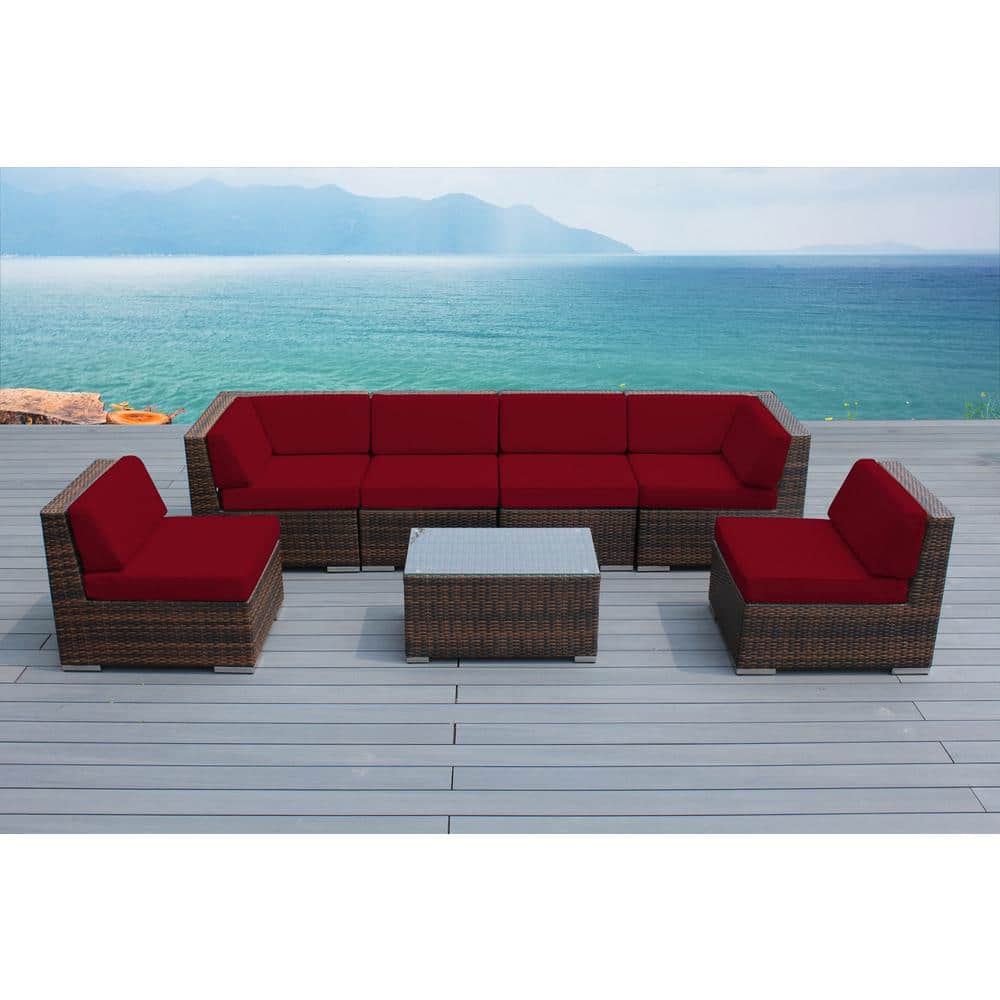 Ohana Depot Ohana Mixed Brown 7Piece Wicker Patio Seating Set with Supercrylic Red Cushions