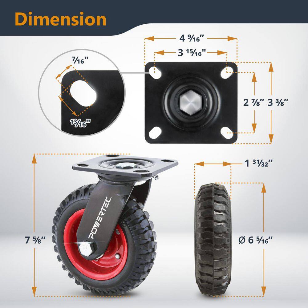 POWERTEC 6 Inch Heavy Duty Swivel Plate Caster with Rubber Knobby Tread