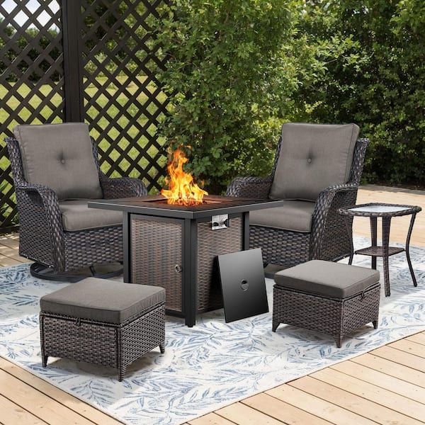 Brown Rattan Wicker 6-Piece Outdoor Patio Conversation Set with Gray Cushions, Square Fire Pit Table