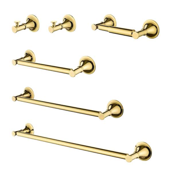 Aoibox 6-Piece Brass Bath Hardware Set with Toilet Paper Holder, Towel Bar Rack, Hand Towel Holder & Towel Hooks in Gold