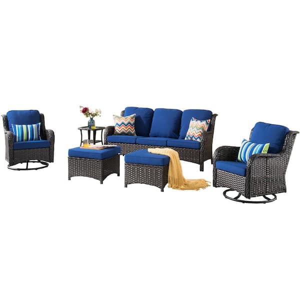 Moonlight Brown 6-Piece Wicker Patio Conversation Seating Sofa Set with Navy Blue Cushions and Swivel Rocking Chairs