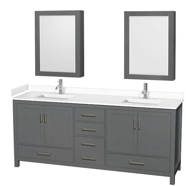 Wyndham Collection Sheffield 80 in. W x 22 in. D x 35 in. H Double Bath Vanity in Dark Gray with White Cultured Marble Top and MC Mirrors