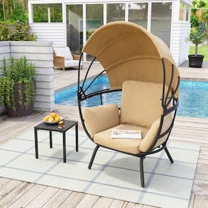 Black Aluminum Classic Outdoor Egg Lounge Chair with Tan Cushion and Tan Sun Shade Cover