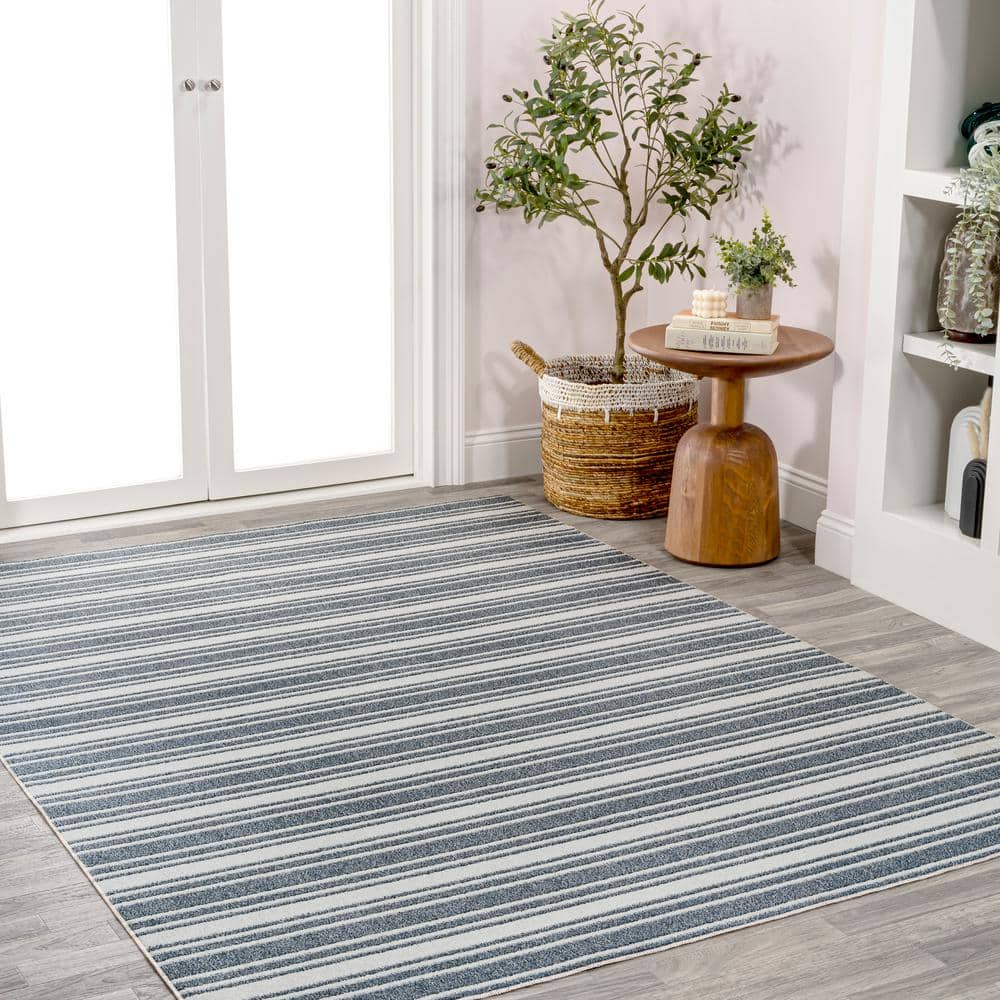 Cream and Dark Gray Striped Washable Synthetic Area Rug