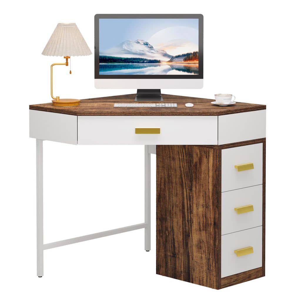 Moronia 27.26 in. Brown & White Wood Triangle Computer Desk, Corner Computer Desk, Makeup Vanity Desk with 4-Drawer