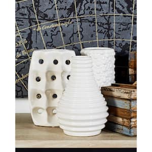 5 in., 8 in. White Ceramic Decorative Vase with Varying Patterns (Set of 3)