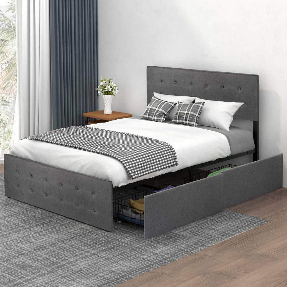 AndMakers Lolita Queen Gray Platform Bed Frame with 4 Storage Drawers ...