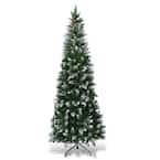 7.5 ft. Unlit Snow Flocked Artificial Pencil Christmas Tree Hinged with Pine Cones