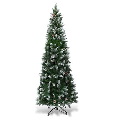 7.5 ft. Unlit Snow Flocked Artificial Pencil Christmas Tree Hinged with Pine Cones