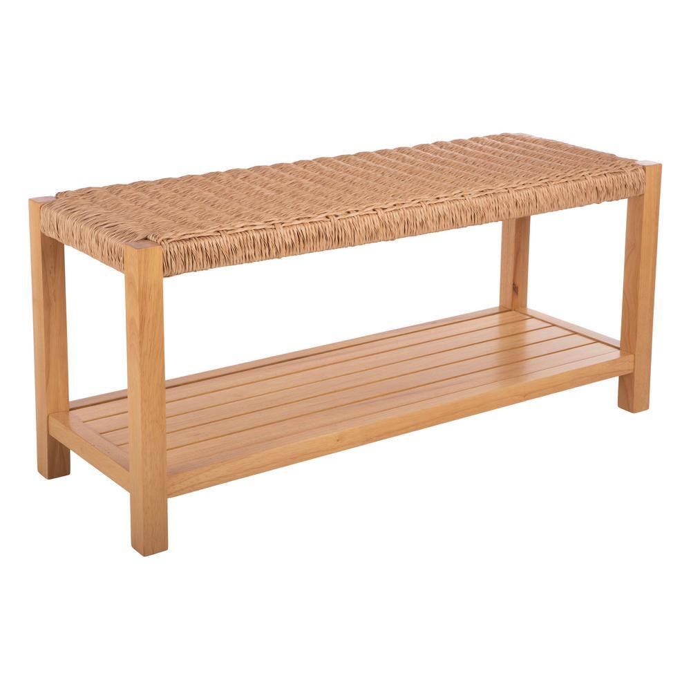 Newport 40-Inch Natural Wood Bench with Woven Rope Seat and Storage Shelf