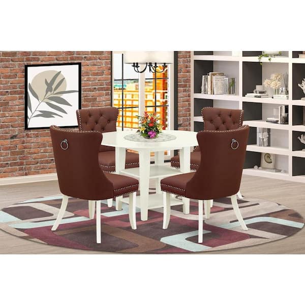 East West Furniture 5-Piece Linen White Finish Solid Wood Top - Round Upholstered Dining Room Set with Dropleaf - Seats 4