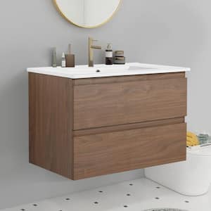 Modern 30 in. W x 18.3 in. D x 20.5 in. H Floating Bath Vanity Cabinet in Brown Oak with White Ceramic Top