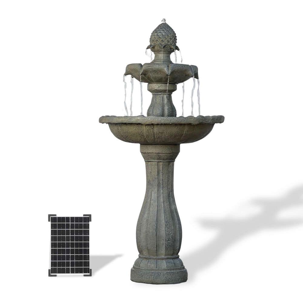 XBRAND 44 in. H Brown Fiberglass/Resin 2-Tier Solar Water Fountain