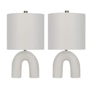 Pair of 17 in. White Inverted U-Shaped Modern Table Lamp with a Designer White Drum Linen Shade
