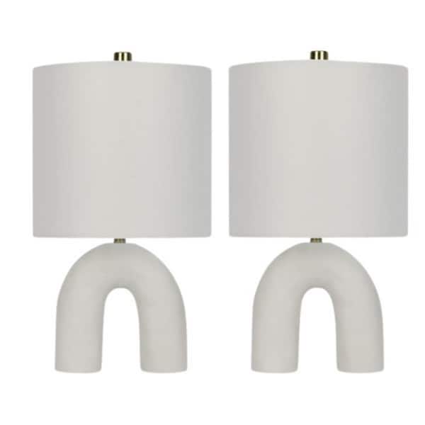 Fangio Lighting Pair of 17 in. White Inverted U-Shaped Modern Table Lamp with a Designer White Drum Linen Shade
