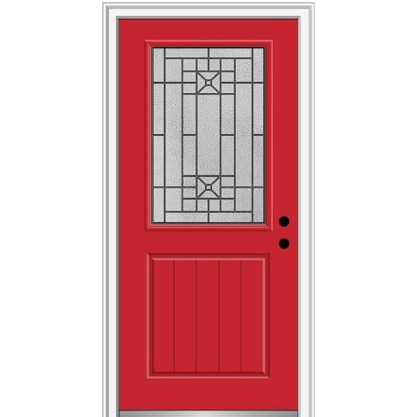 MMI Door 32 in. x 80 in. Courtyard Left-Hand 1/2 Lite Decorative Painted Fiberglass Smooth Prehung Front Door, 4-9/16 in. Frame