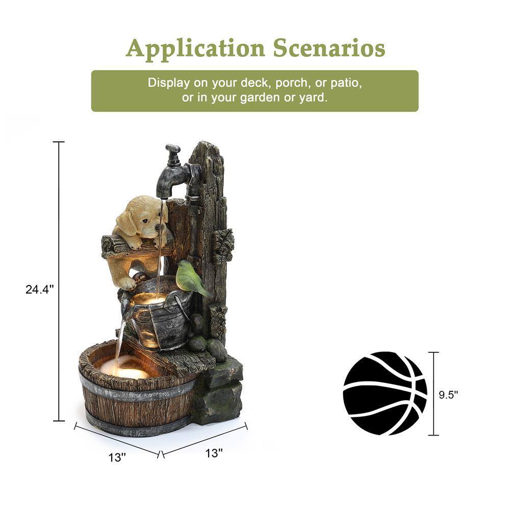 Farmhouse Brown Resin Fountain with Puppy and Bird Scene