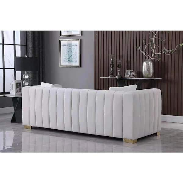 Modern 80 in. W Slope Arm Polyester Upholstered Rectangle Sofa with Metal Legs 3 Seater Couch with 2 Pillows, White