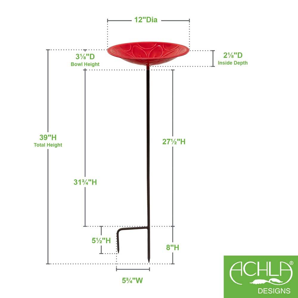 Petunia Red Glass Enamel Birdbath with Solid Brass Stake