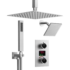 Smart Temperature Shower Kits 3-Spray Dual Ceiling Mount 12 in. Fixed and Handheld Shower Head 2.5 GPM in Brushed Nickel