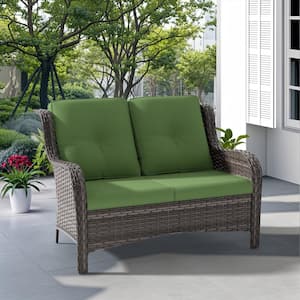 Brown Wicker Outdoor Patio Loveseat with Green Cushions