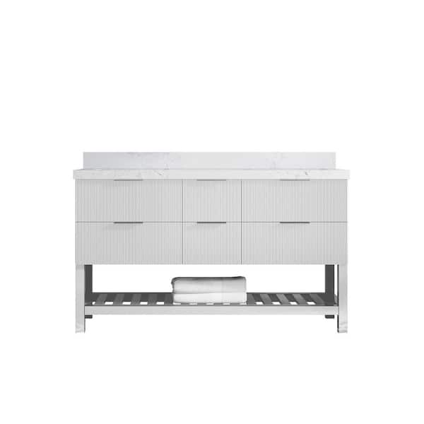 Willow Collections Catalina 60 in. Double Sink Freestanding Fine Grain Bath Vanity with Empira White Qt. Top Unassembled