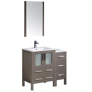 Torino 36 in. Vanity in Gray Oak with Ceramic Vanity Top in White with White Basin, Mirror and 1 Side Cabinet