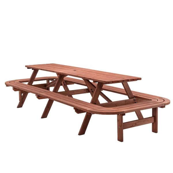 121 in. Brown Outdoor Rectangle Wood Picnic Tables Seats 14-16 People with Umbrella Hole
