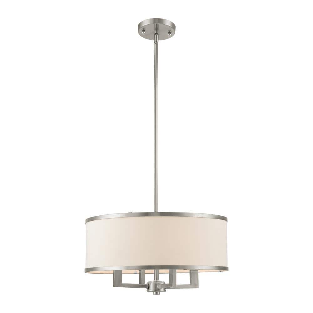 Elegant Brushed Nickel 4-Light Chandelier with Off-White Drum Shade