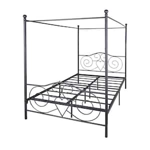 Black Queen Size Metal Noise Free Canopy Bed Frame with Headboard and Footboard