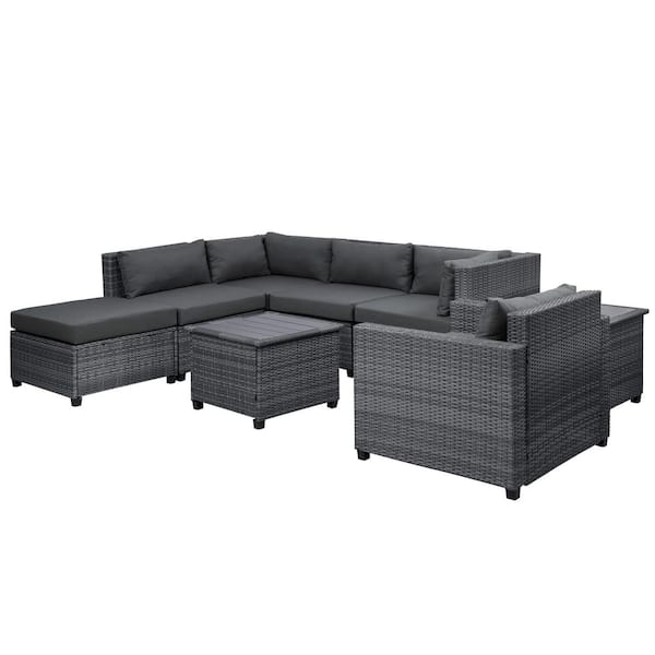 DIRECT WICKER Belle 8-Piece Wicker Outdoor Patio Conversation Sectional Seating Group with Gray Cushion