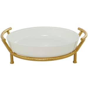 White Kitchen Decorative Serving Bowl with Gold Metal Stand