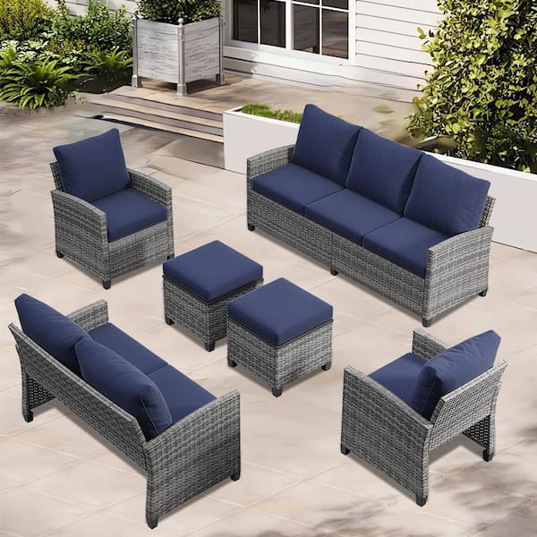 6-Piece Patio Furniture Wicker Outdoor Sectional Sofa Set with Blue Cushions and 2-Ottomans