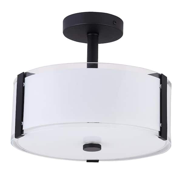 Edvivi 12.5 in. Matte Black Drum LED Semi-Flush Mount Ceiling Light White Fabric Shade