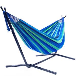 7 ft. Free Standing Adjustable Double Hammock Bed with Stand in Blue and Green